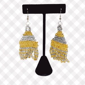Boho Style Pyramid Tassel Czech Glass Beaded Dangle Earrings Gold and Silver
